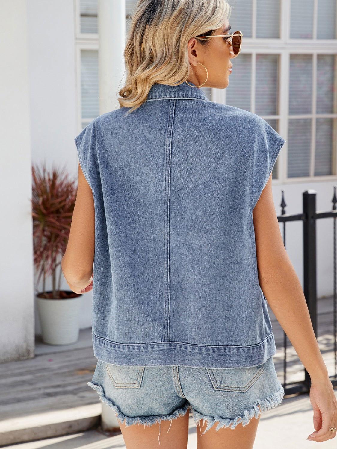 Pocketed Button Up Sleeveless Denim Jacket - Clothes For Her Online Store