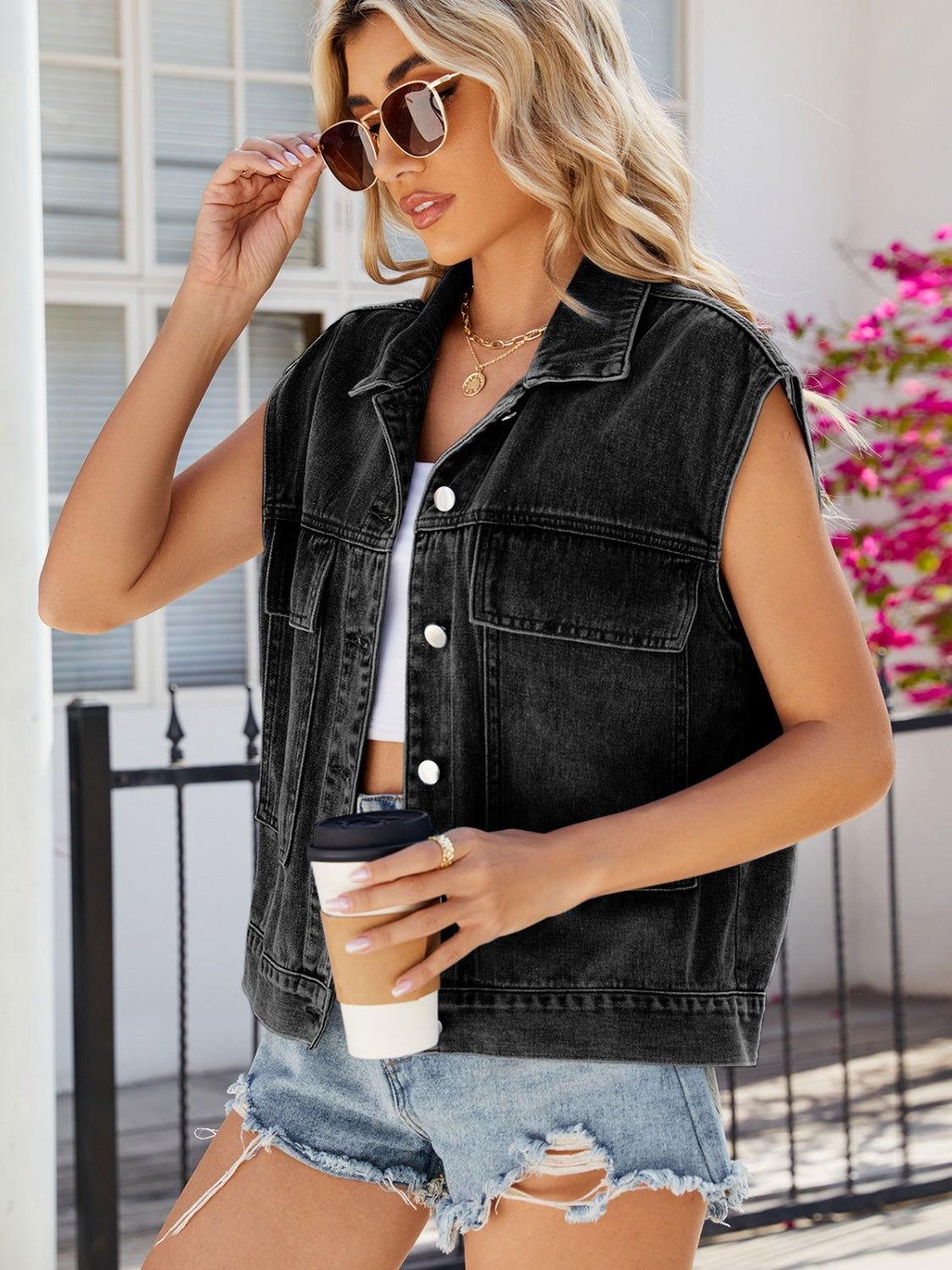 Pocketed Button Up Sleeveless Denim Jacket - Clothes For Her Online Store