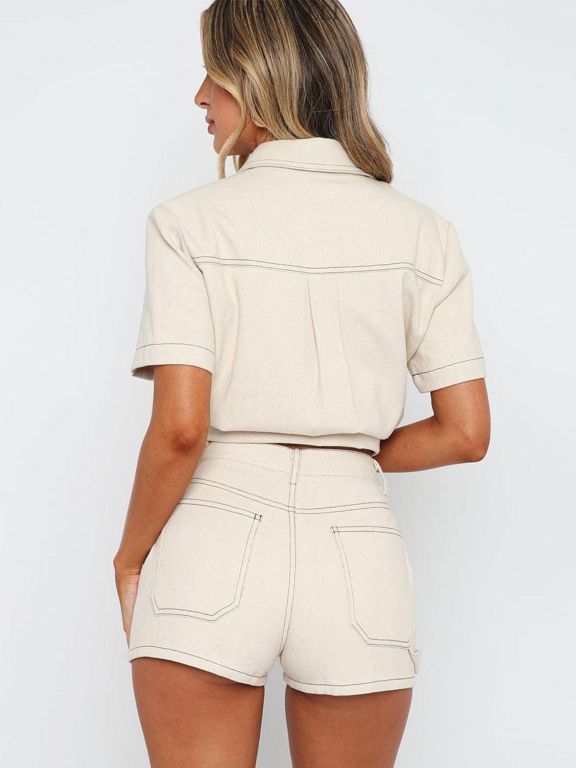 Pocketed Button Up Top and Shorts Set - Clothes For Her Online Store