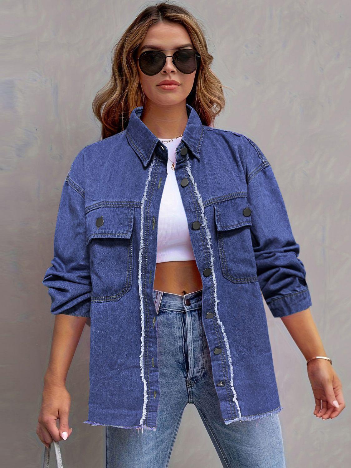 Pocketed Collared Neck Long Sleeve Denim Shirt - Clothes For Her Online Store