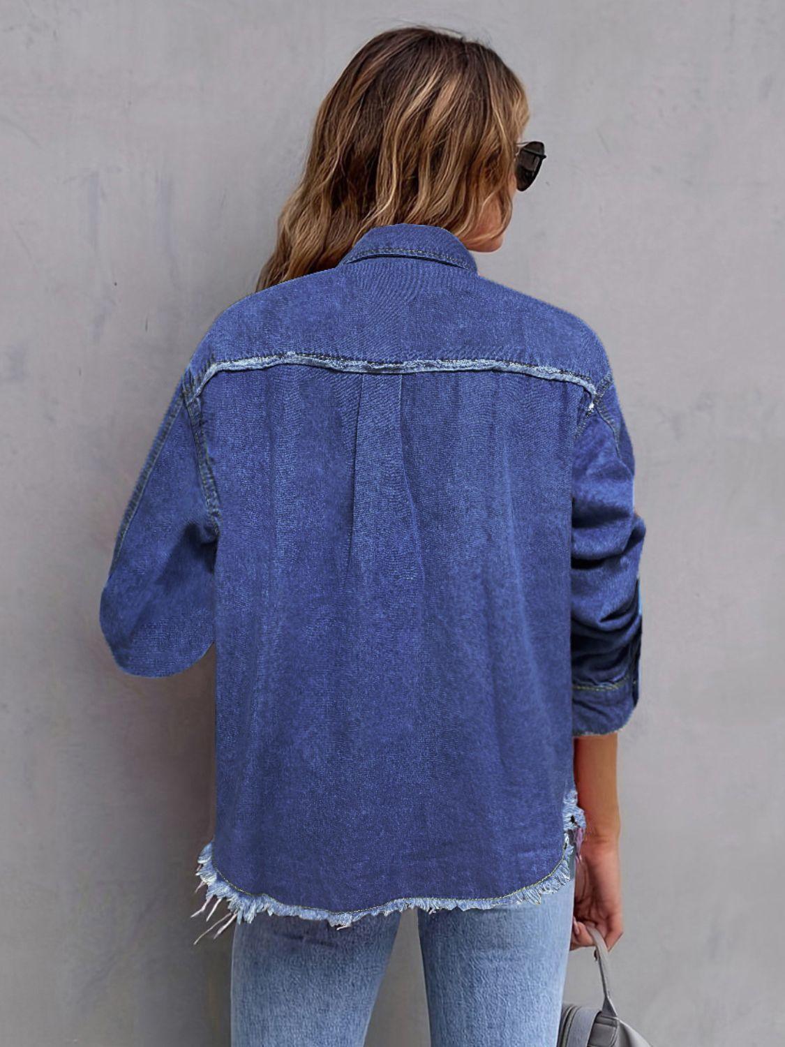 Pocketed Collared Neck Long Sleeve Denim Shirt - Clothes For Her Online Store