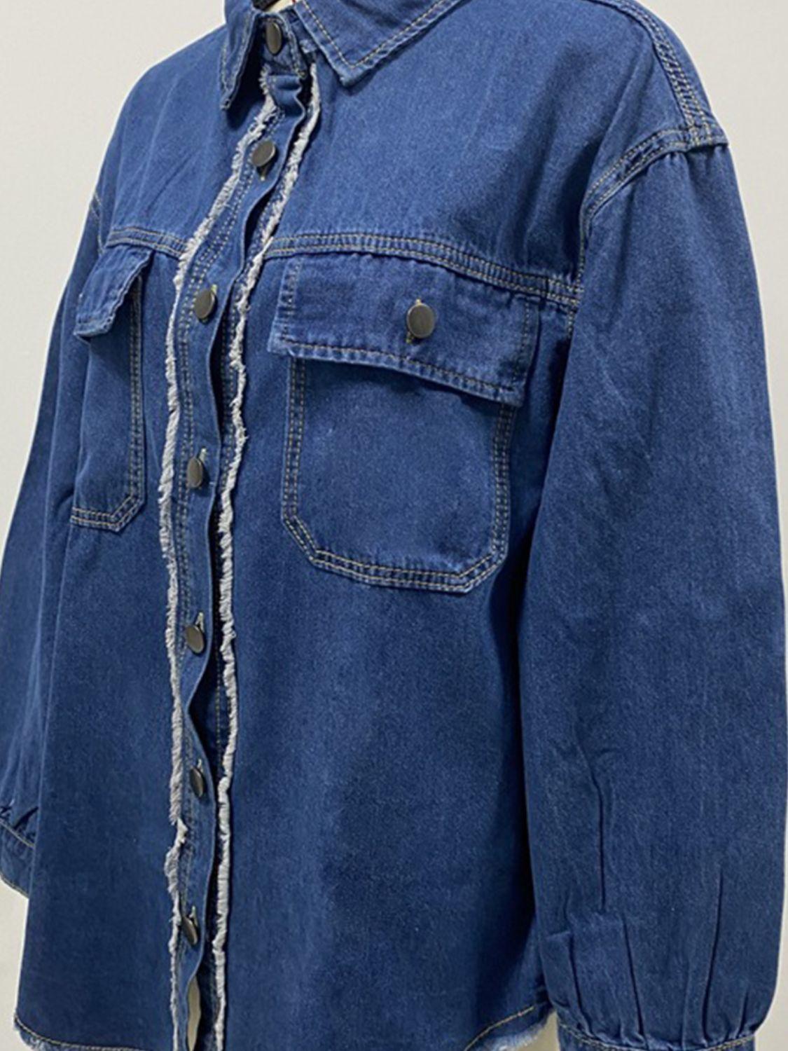 Pocketed Collared Neck Long Sleeve Denim Shirt - Clothes For Her Online Store