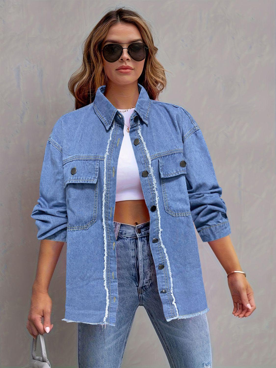Pocketed Collared Neck Long Sleeve Denim Shirt - Clothes For Her Online Store