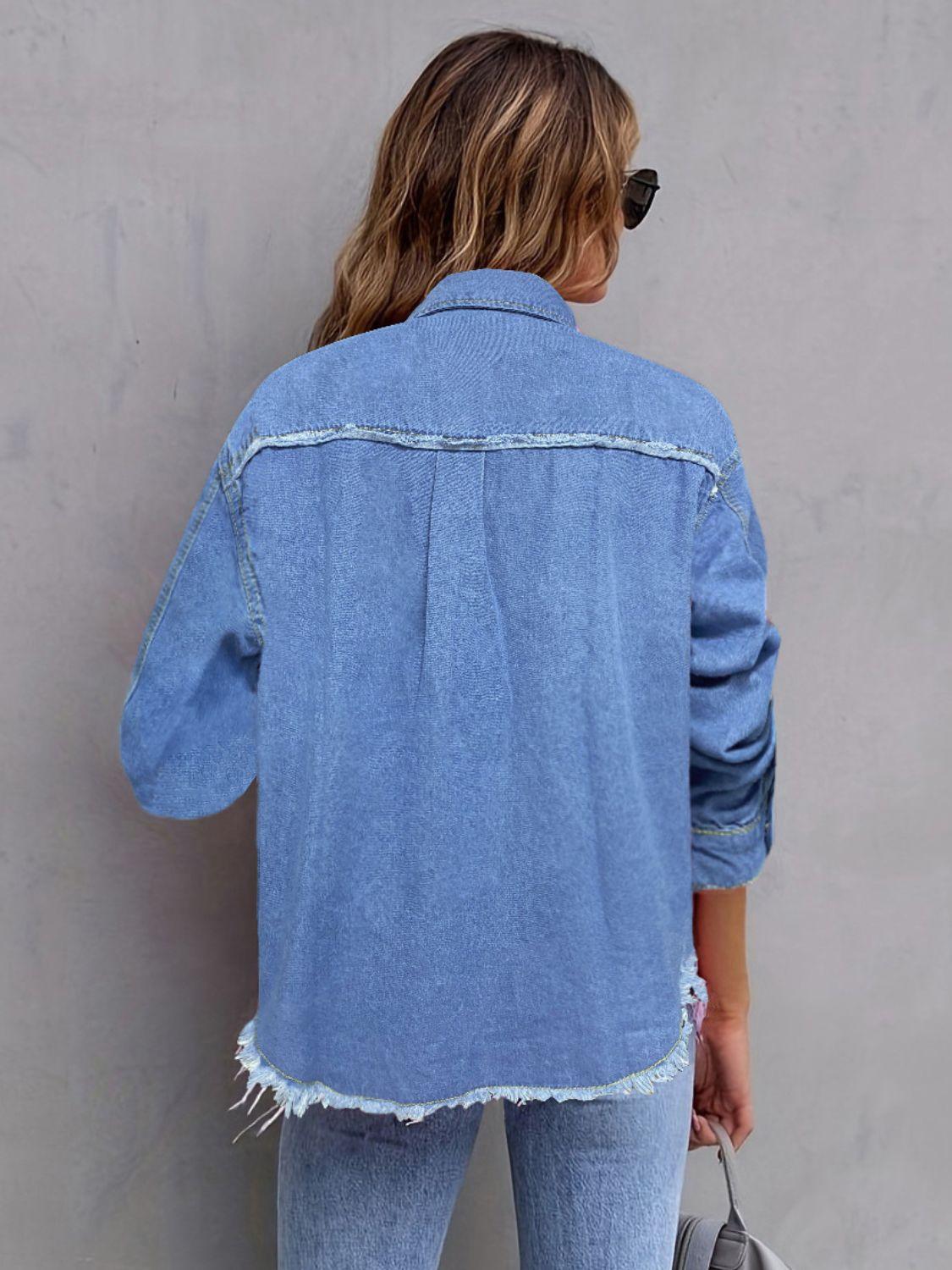 Pocketed Collared Neck Long Sleeve Denim Shirt - Clothes For Her Online Store