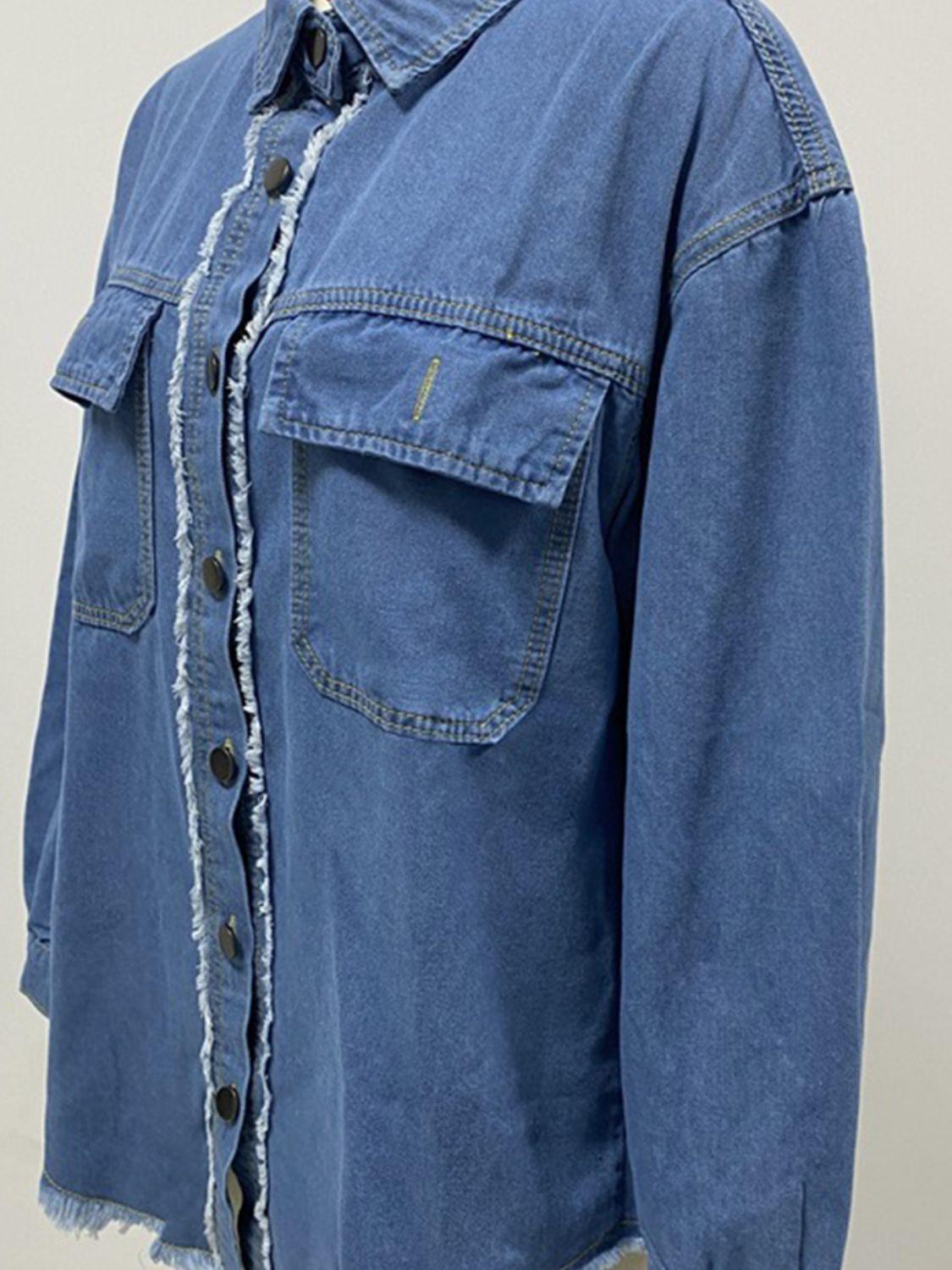 Pocketed Collared Neck Long Sleeve Denim Shirt - Clothes For Her Online Store