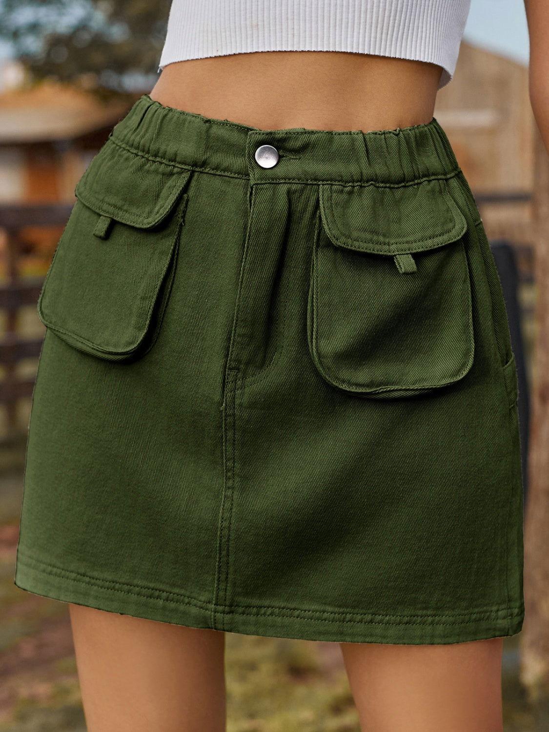 Pocketed Elastic Waist Denim Skirt - Clothes For Her Online Store