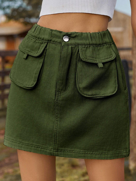 Pocketed Elastic Waist Denim Skirt - Clothes For Her Online Store