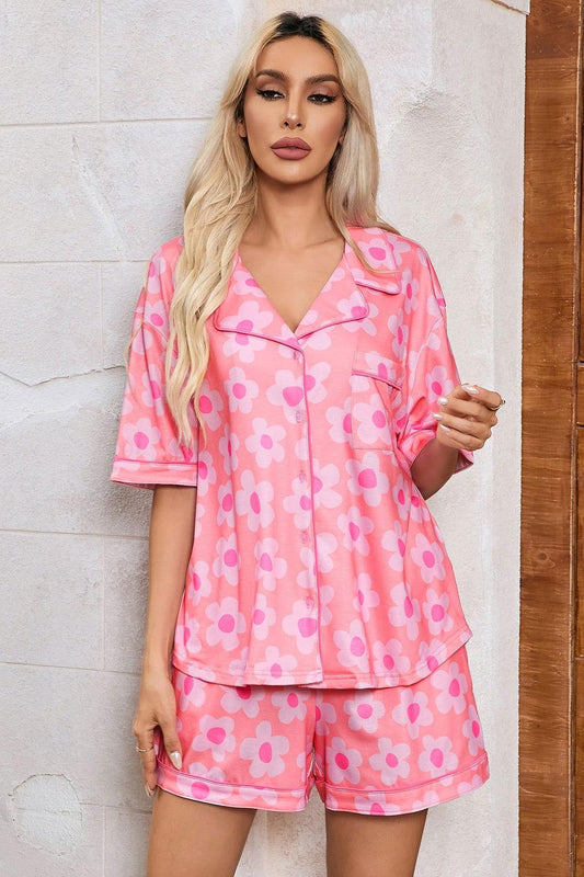 Pocketed Flower Half Sleeve Top and Shorts Lounge Set - Clothes For Her Online Store