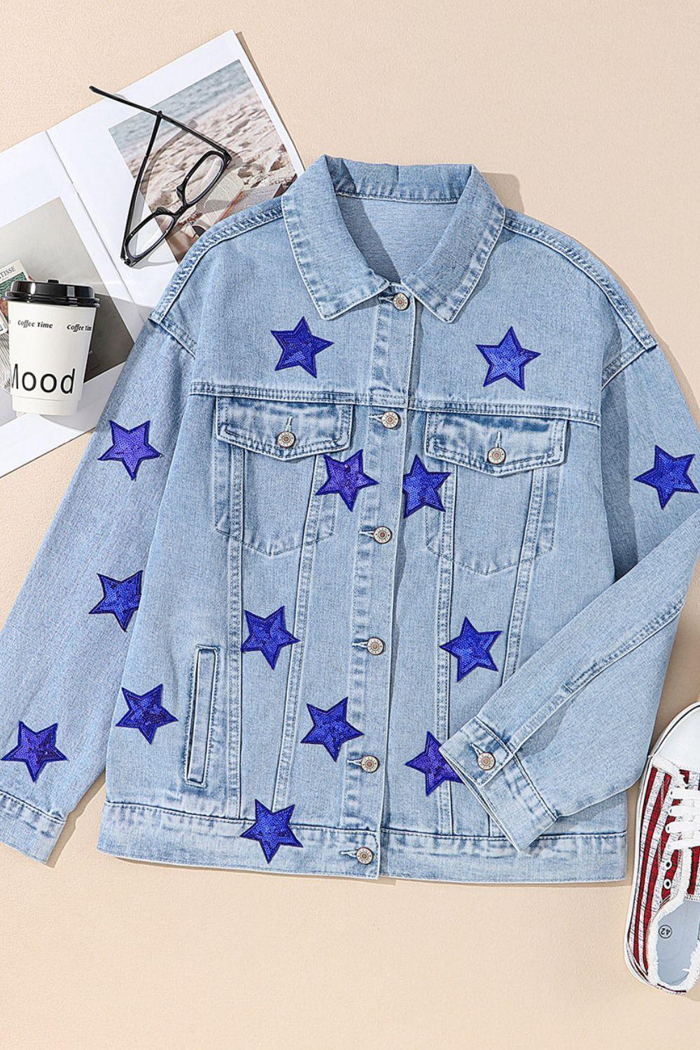 Pocketed Geometric Collared Neck Denim Jacket - Clothes For Her Online Store