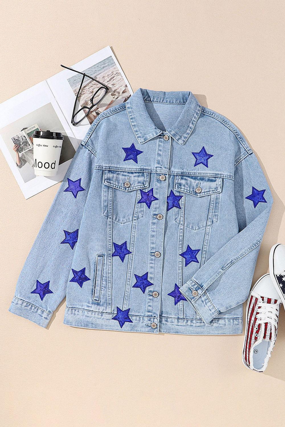 Pocketed Geometric Collared Neck Denim Jacket - Clothes For Her Online Store
