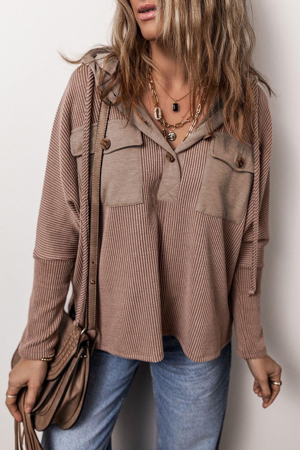 Pocketed Half Button Long Sleeve Hoodie - Clothes For Her Online Store