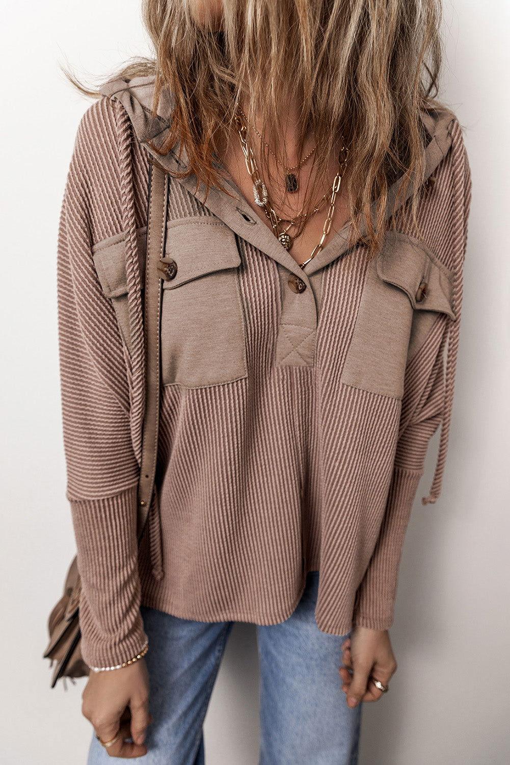 Pocketed Half Button Long Sleeve Hoodie - Clothes For Her Online Store