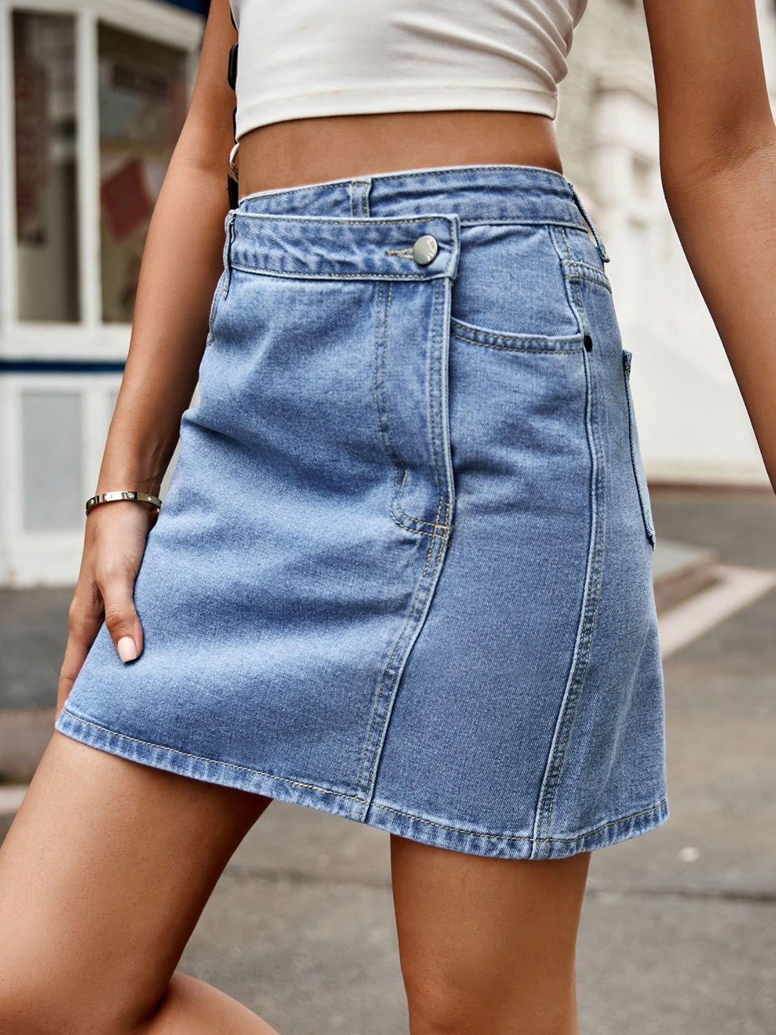 Pocketed High Waist Denim Skirt - Clothes For Her Online Store