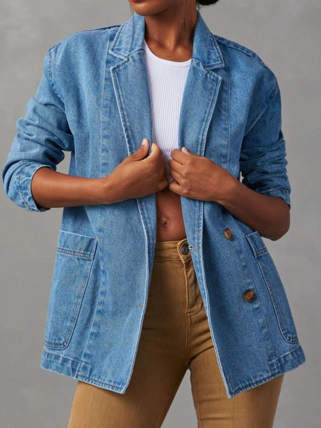 Pocketed Lapel Collar Long Sleeve Denim Jacket - Clothes For Her Online Store