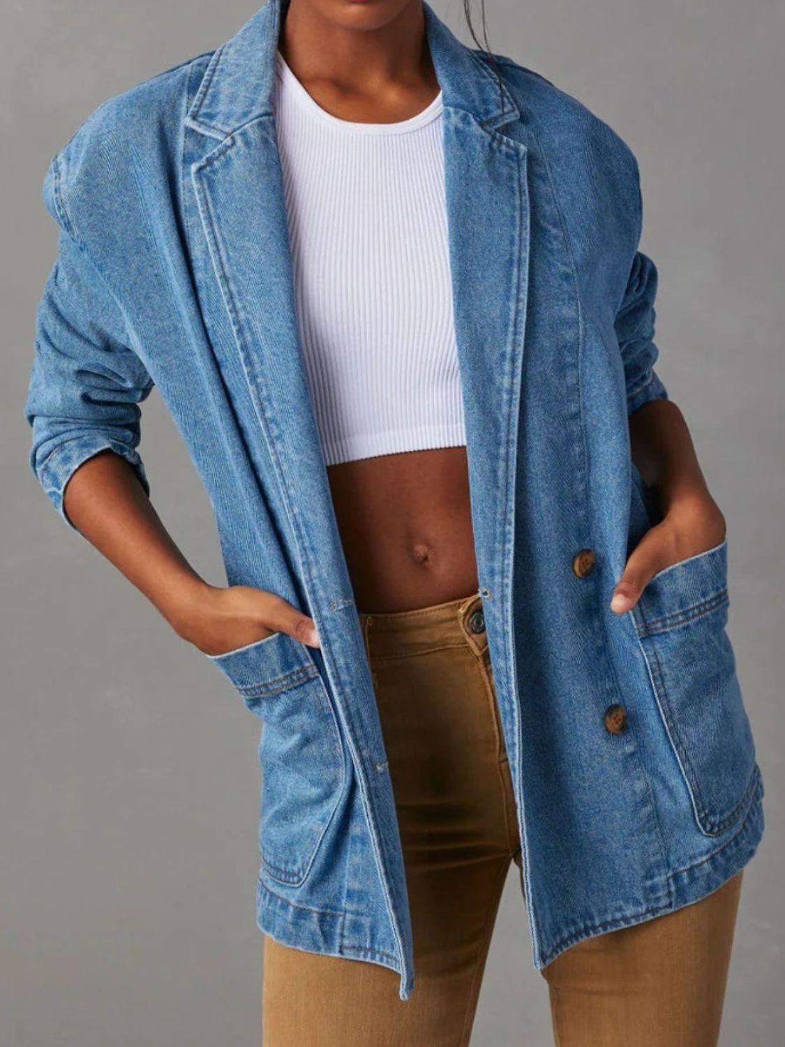 Pocketed Lapel Collar Long Sleeve Denim Jacket - Clothes For Her Online Store