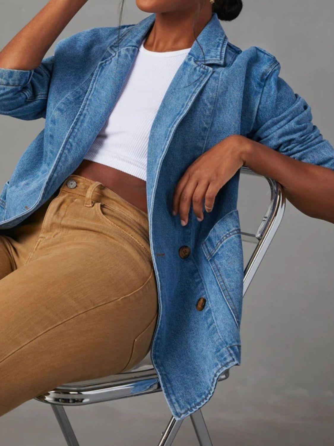Pocketed Lapel Collar Long Sleeve Denim Jacket - Clothes For Her Online Store