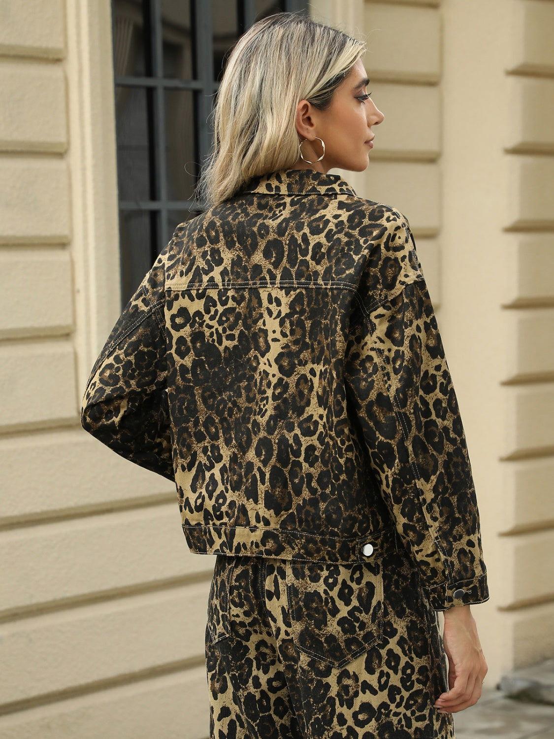 Pocketed Leopard Long Sleeve Denim Jacket - Clothes For Her Online Store