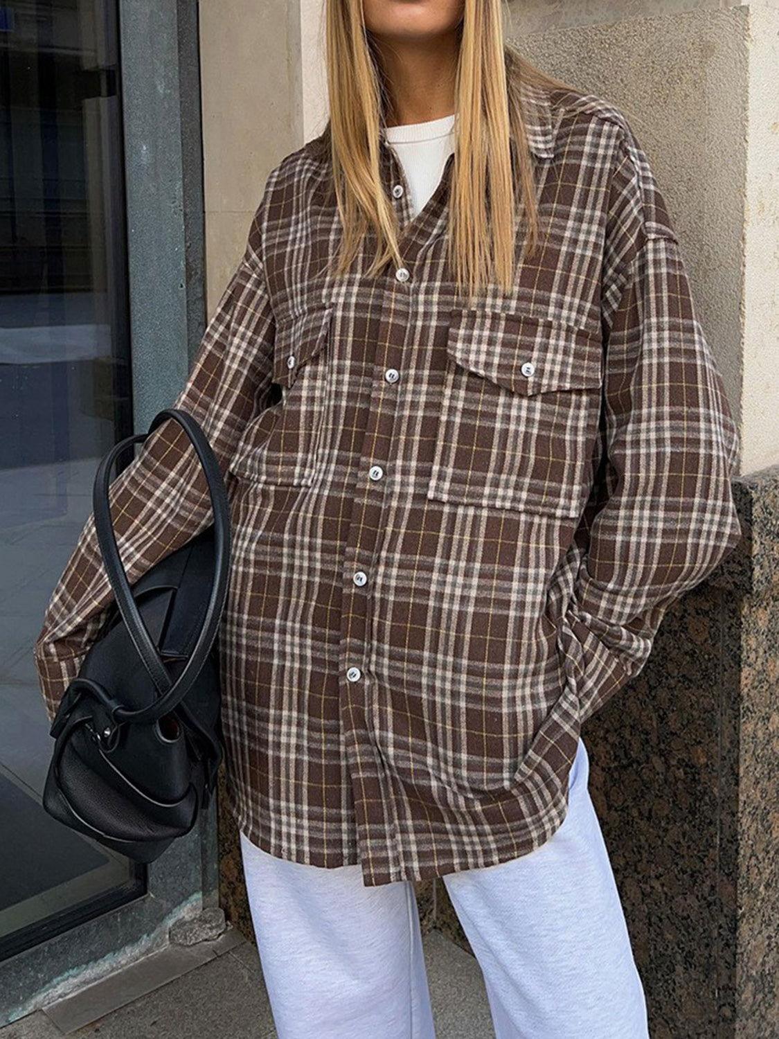 Pocketed Plaid Button Up Shacket - Clothes For Her Online Store