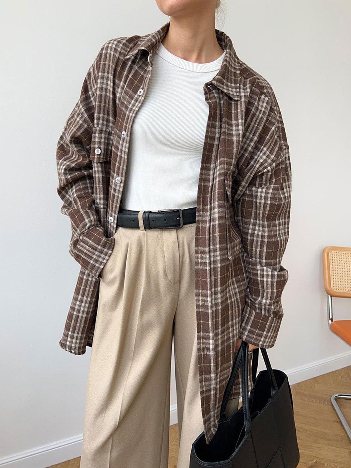 Pocketed Plaid Button Up Shacket - Clothes For Her Online Store