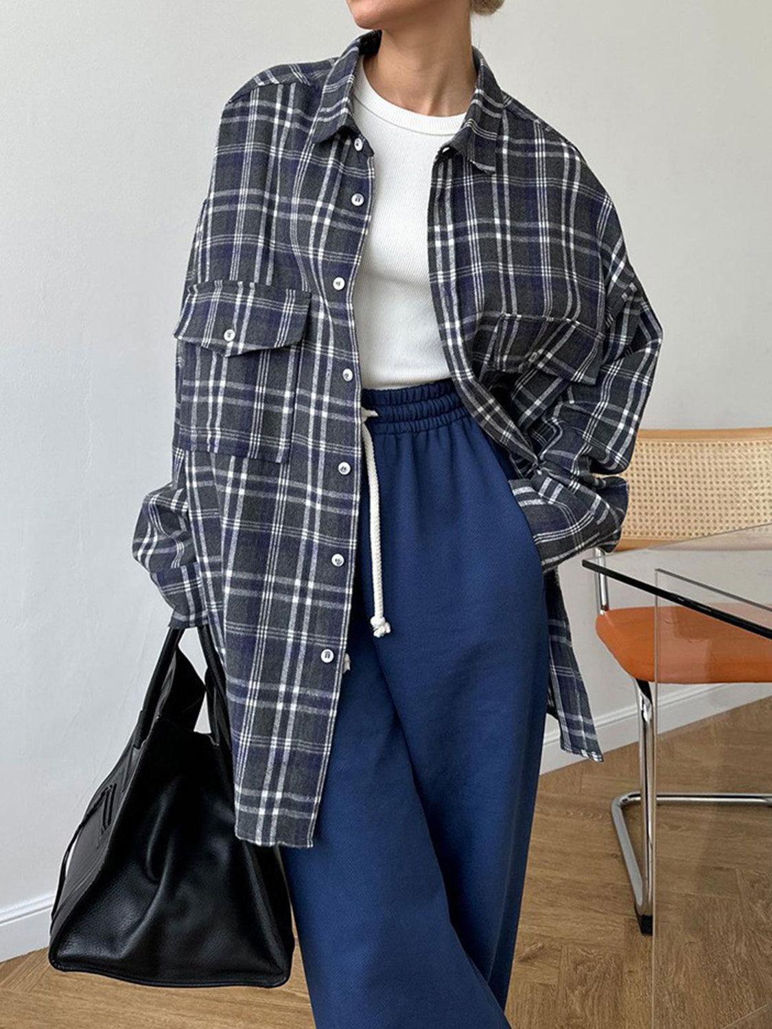 Pocketed Plaid Button Up Shacket - Clothes For Her Online Store