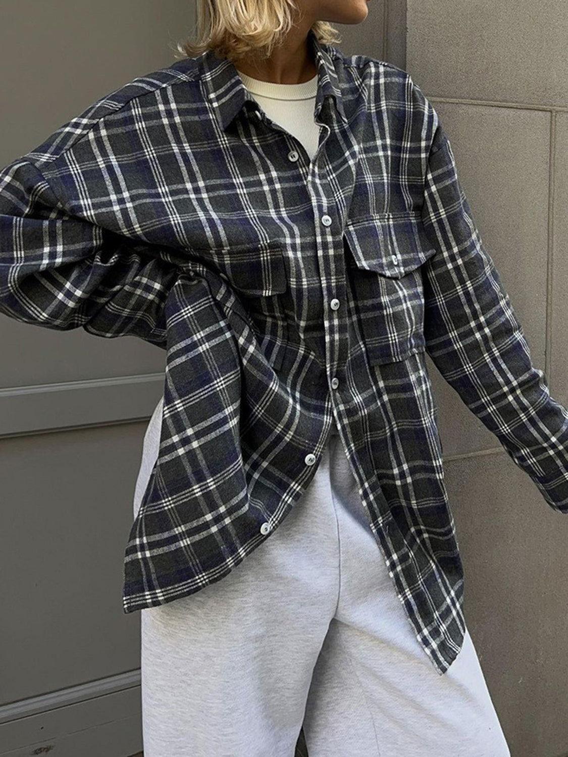 Pocketed Plaid Button Up Shacket - Clothes For Her Online Store