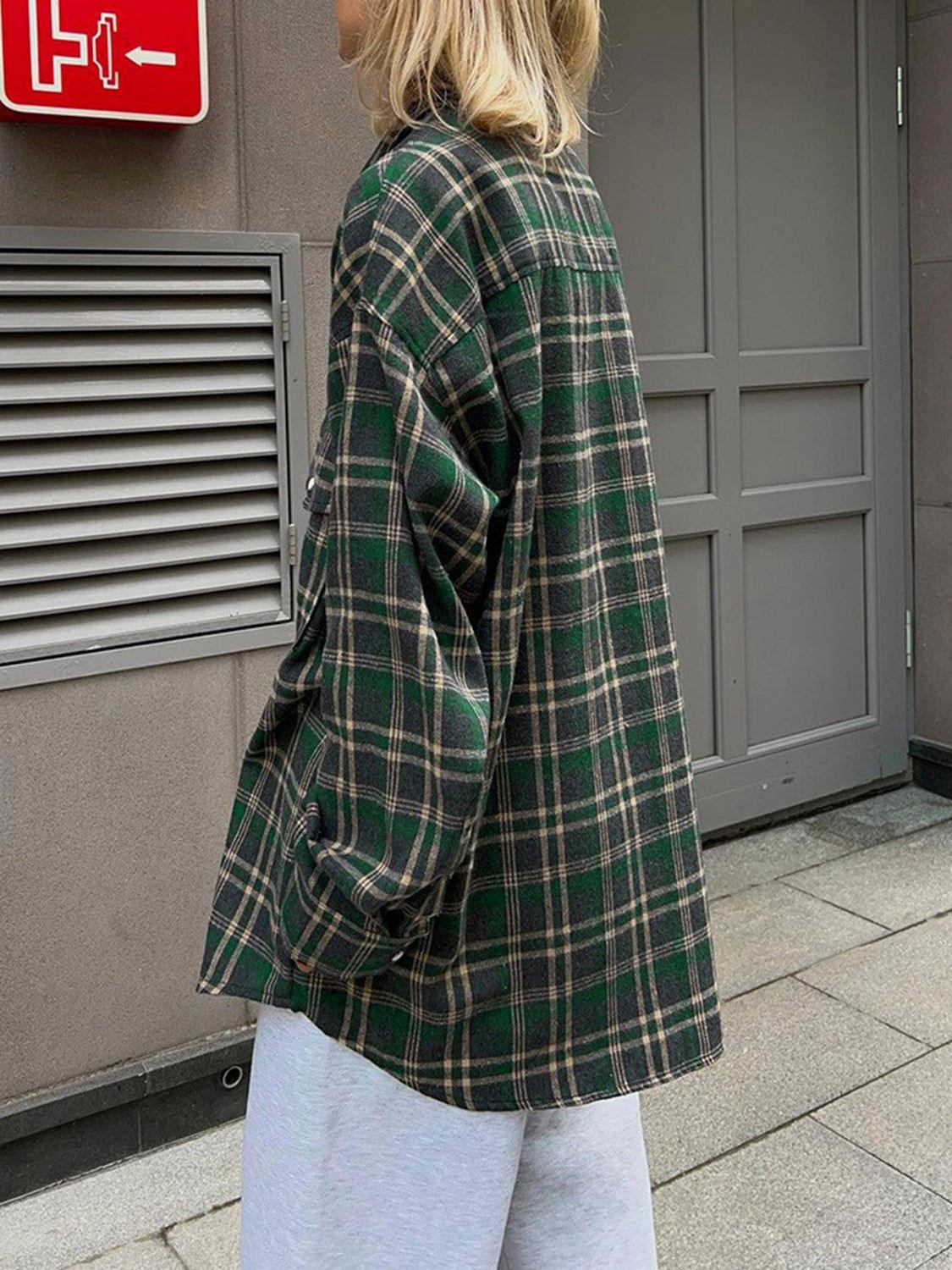 Pocketed Plaid Button Up Shacket - Clothes For Her Online Store