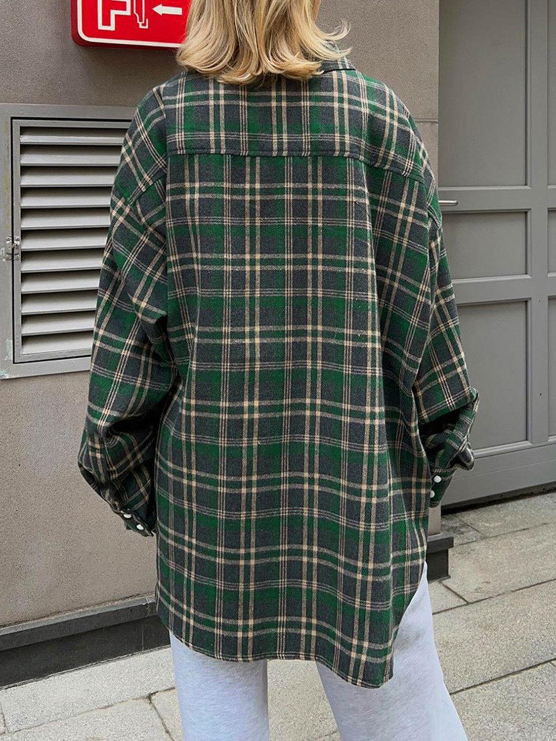 Pocketed Plaid Button Up Shacket - Clothes For Her Online Store