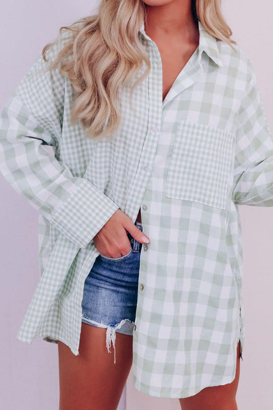 Pocketed Plaid Collared Neck Long Sleeve Shirt - Clothes For Her Online Store