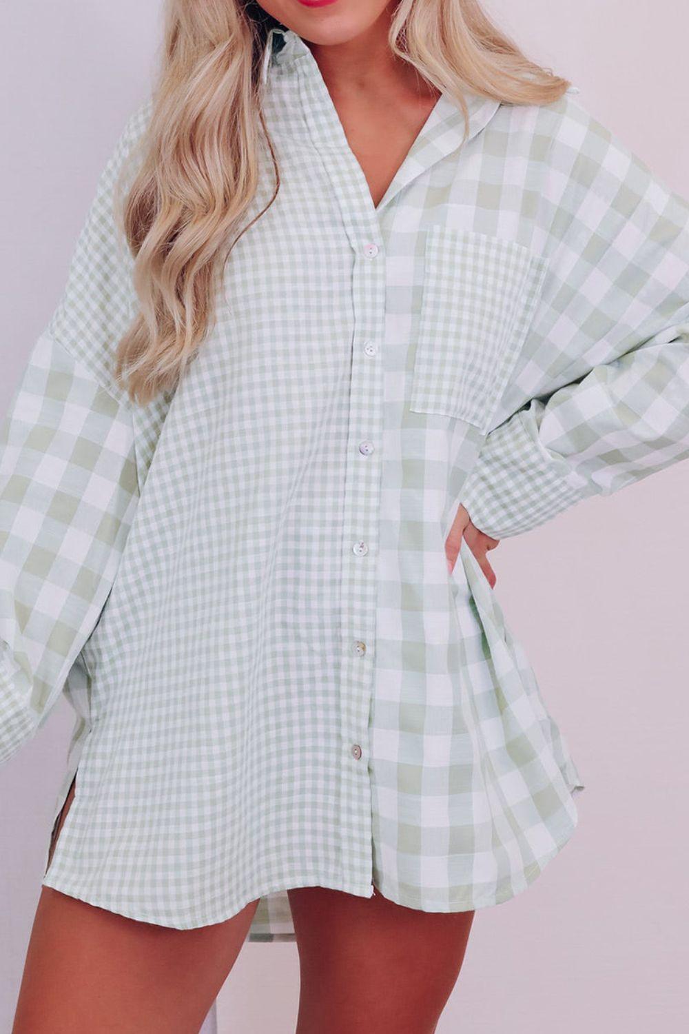 Pocketed Plaid Collared Neck Long Sleeve Shirt - Clothes For Her Online Store