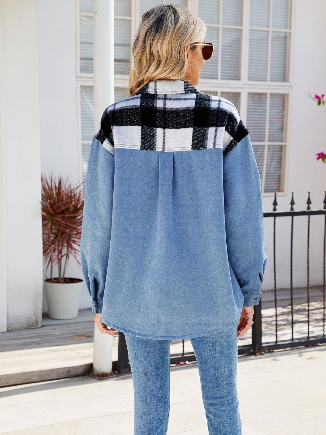 Pocketed Plaid Snap Down Denim Jacket - Clothes For Her Online Store