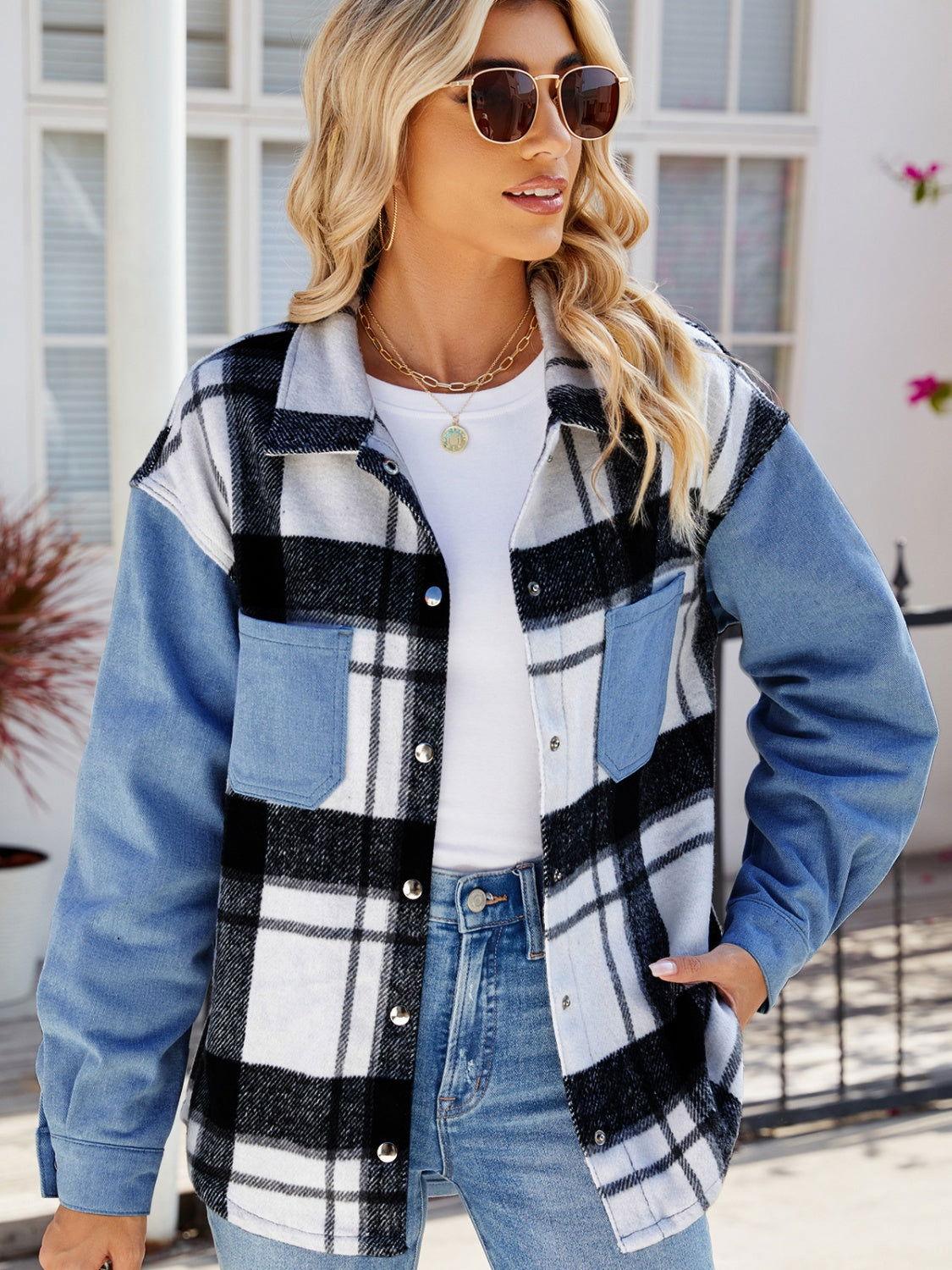 Pocketed Plaid Snap Down Denim Jacket - Clothes For Her Online Store