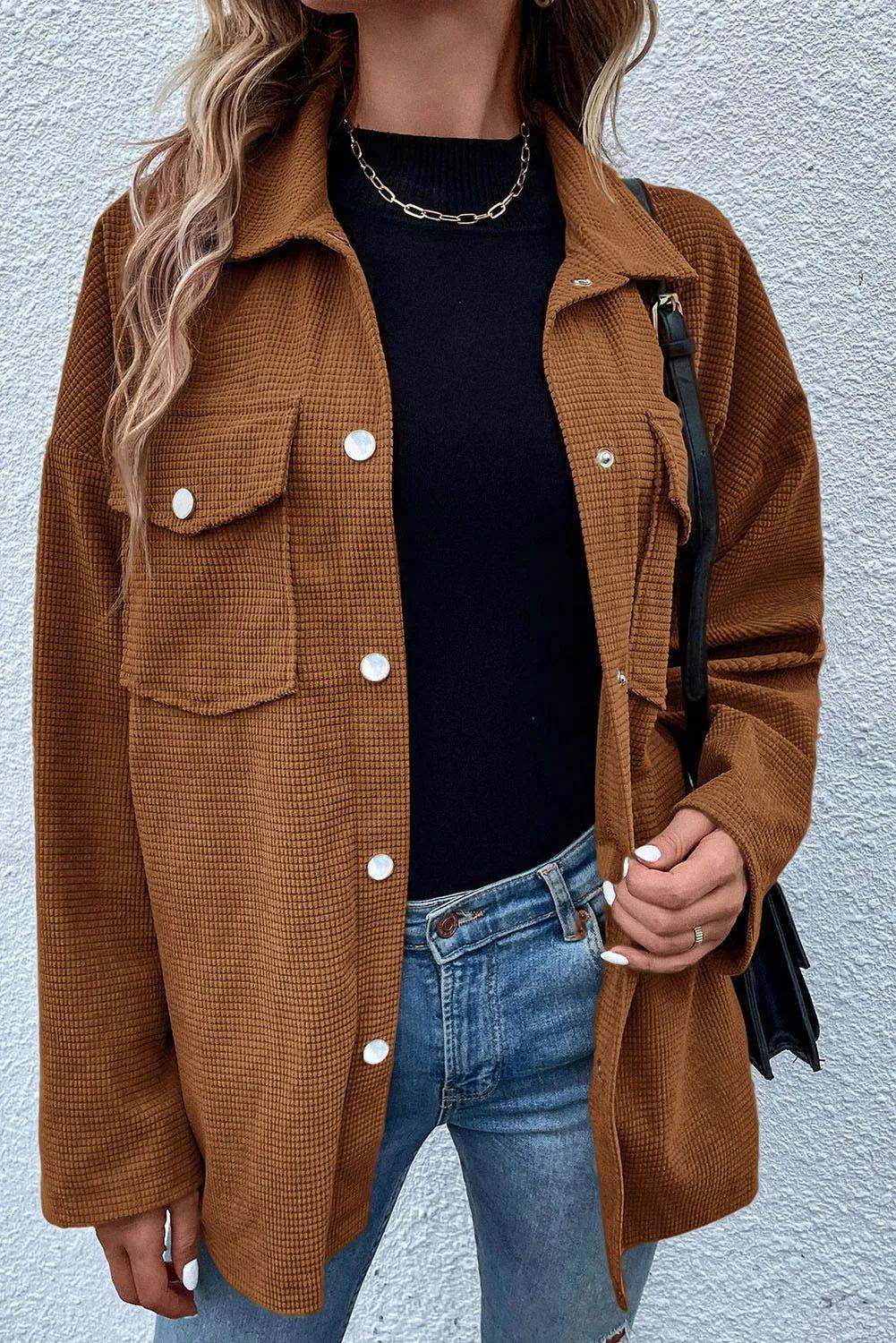 Pocketed Snap Down Long Sleeve Jacket - Clothes For Her Online Store