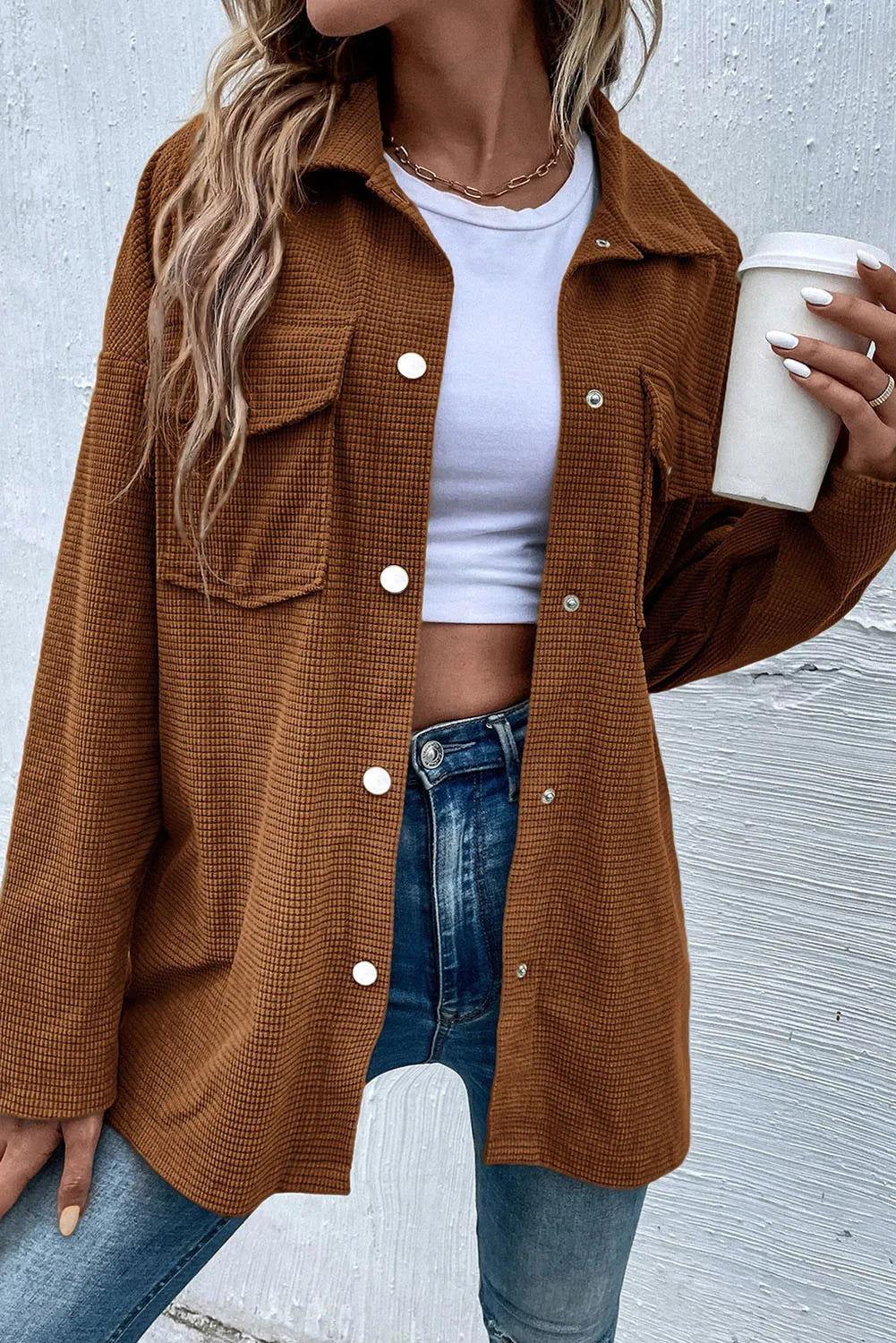 Pocketed Snap Down Long Sleeve Jacket - Clothes For Her Online Store