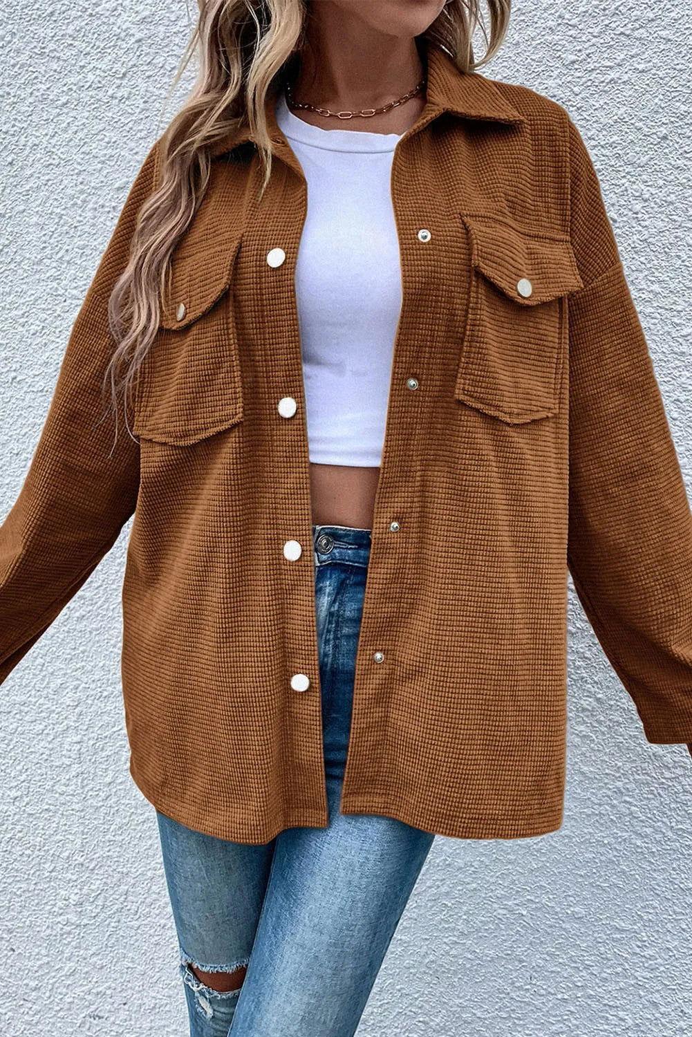 Pocketed Snap Down Long Sleeve Jacket - Clothes For Her Online Store