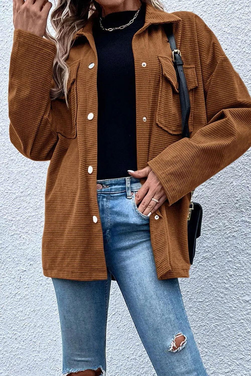 Pocketed Snap Down Long Sleeve Jacket - Clothes For Her Online Store