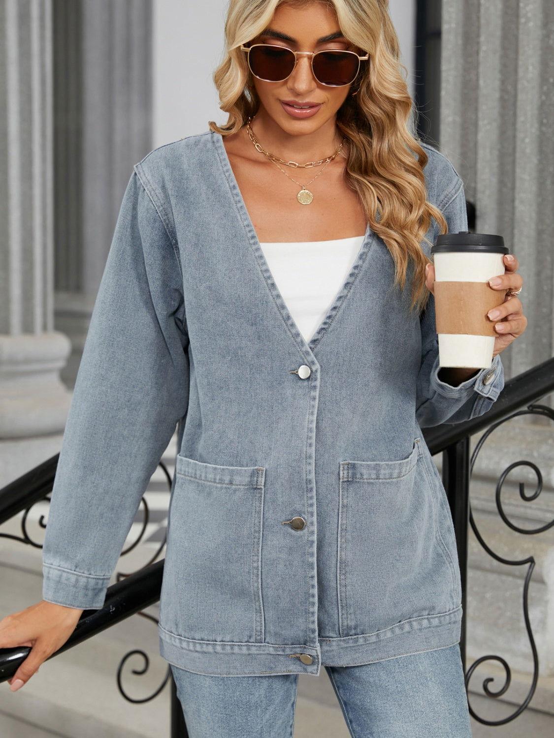 Pocketed V-Neck Button Up Denim Jacket - Clothes For Her Online Store