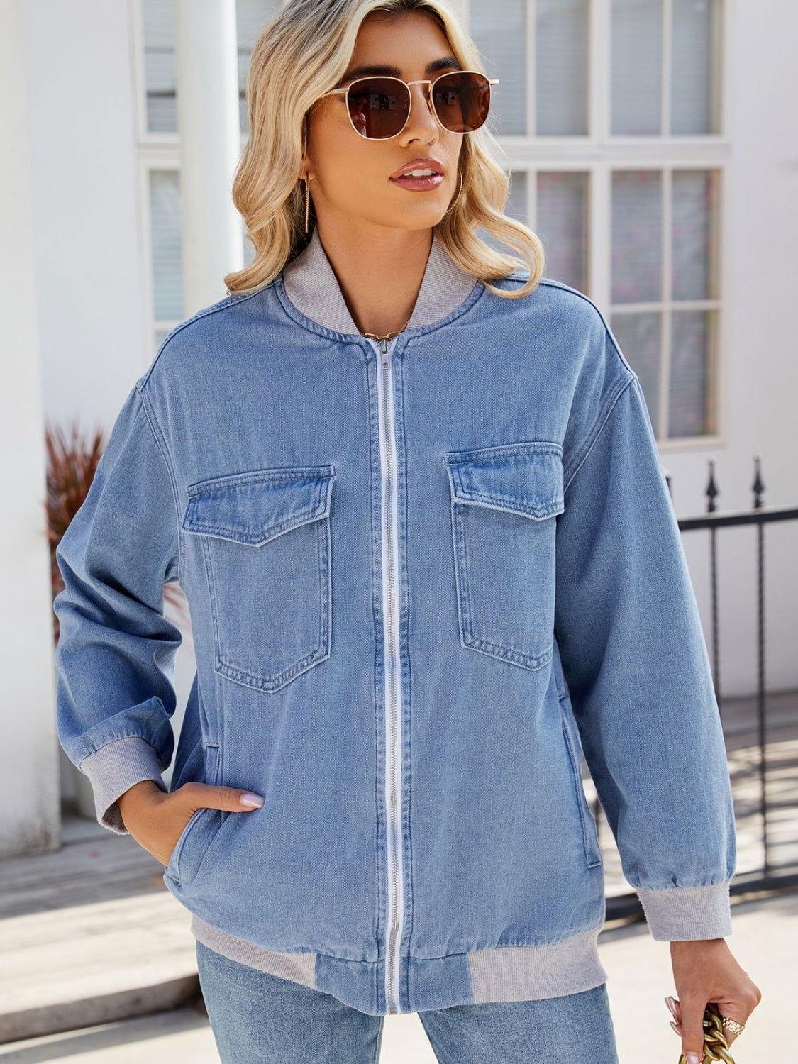 Pocketed Zip Up Baseball Collar Denim Jacket - Clothes For Her Online Store