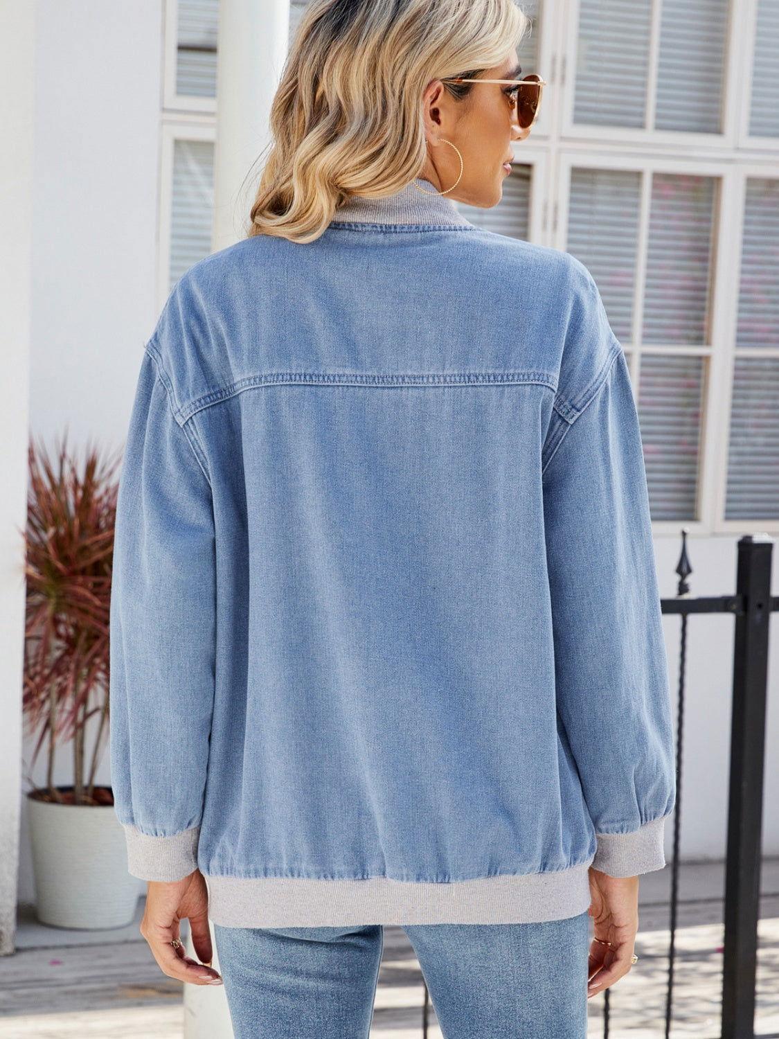 Pocketed Zip Up Baseball Collar Denim Jacket - Clothes For Her Online Store