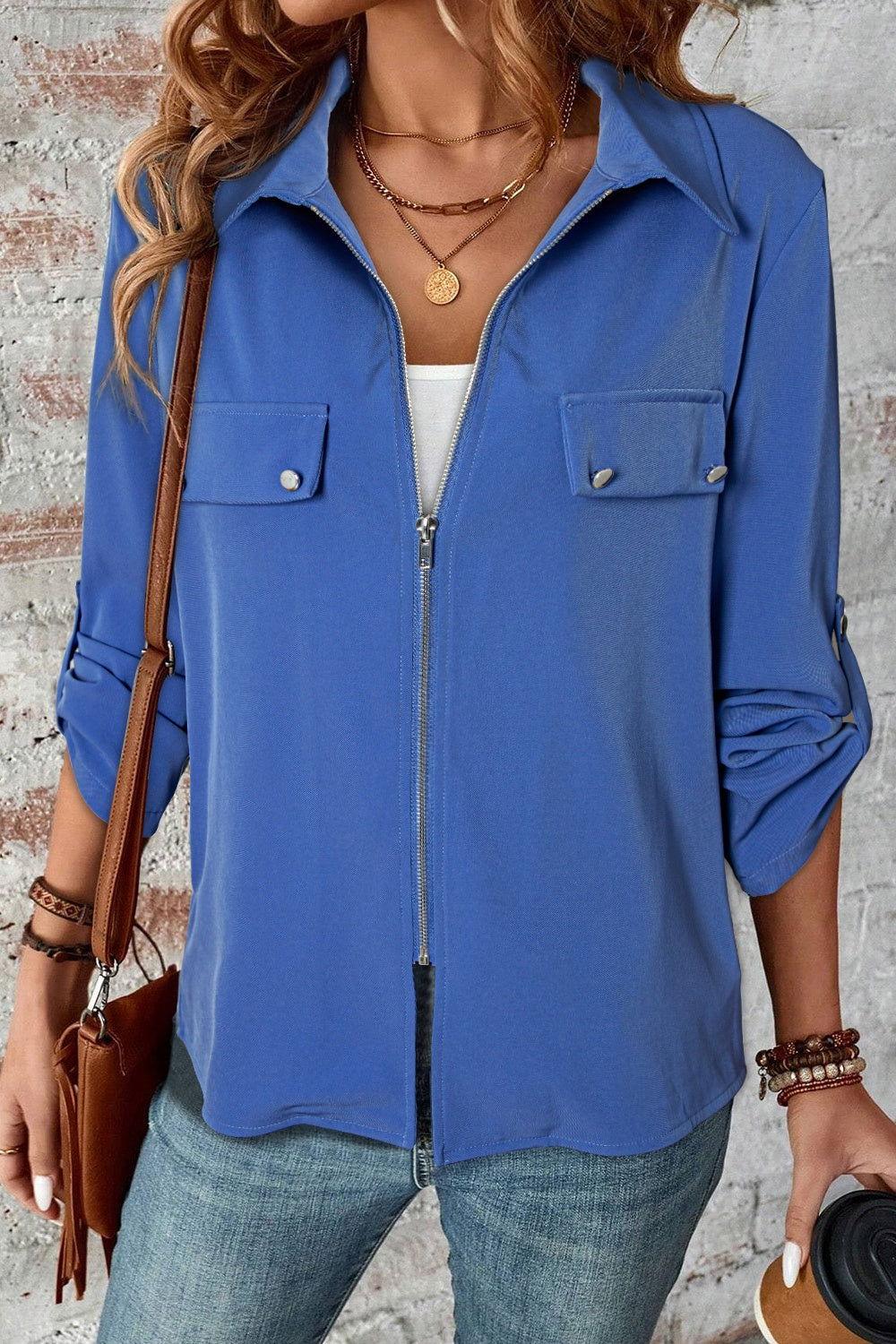 Pocketed Zip Up Collared Neck Long Sleeve Jacket - Clothes For Her Online Store