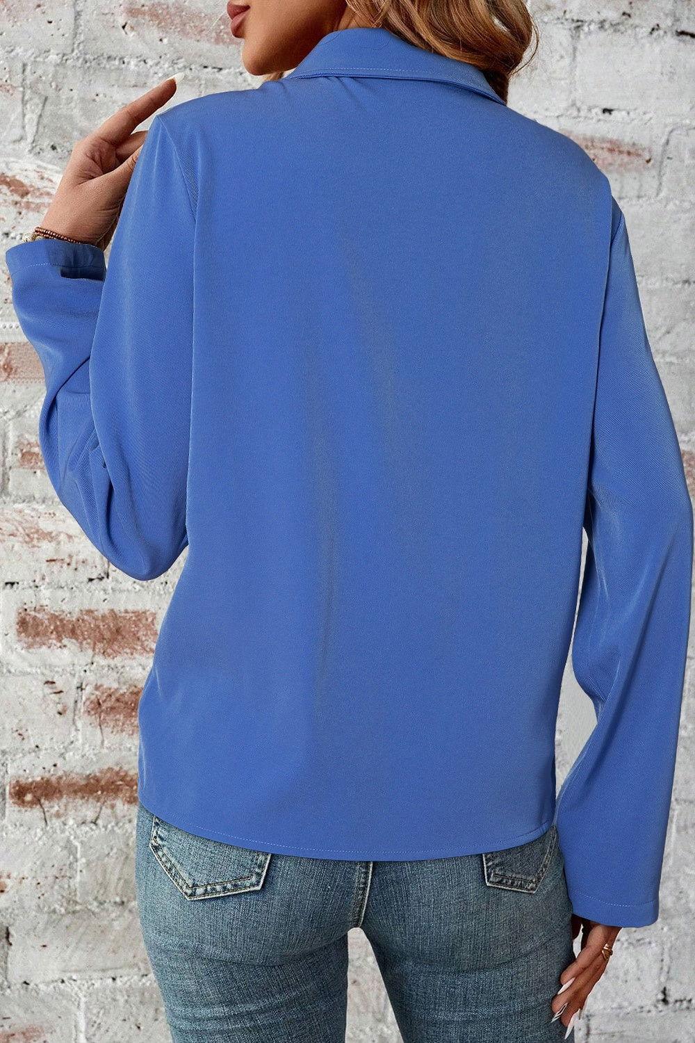 Pocketed Zip Up Collared Neck Long Sleeve Jacket - Clothes For Her Online Store
