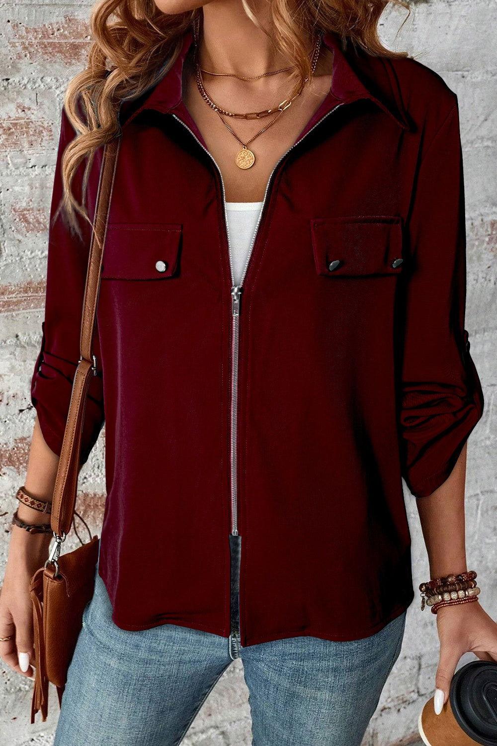 Pocketed Zip Up Collared Neck Long Sleeve Jacket - Clothes For Her Online Store