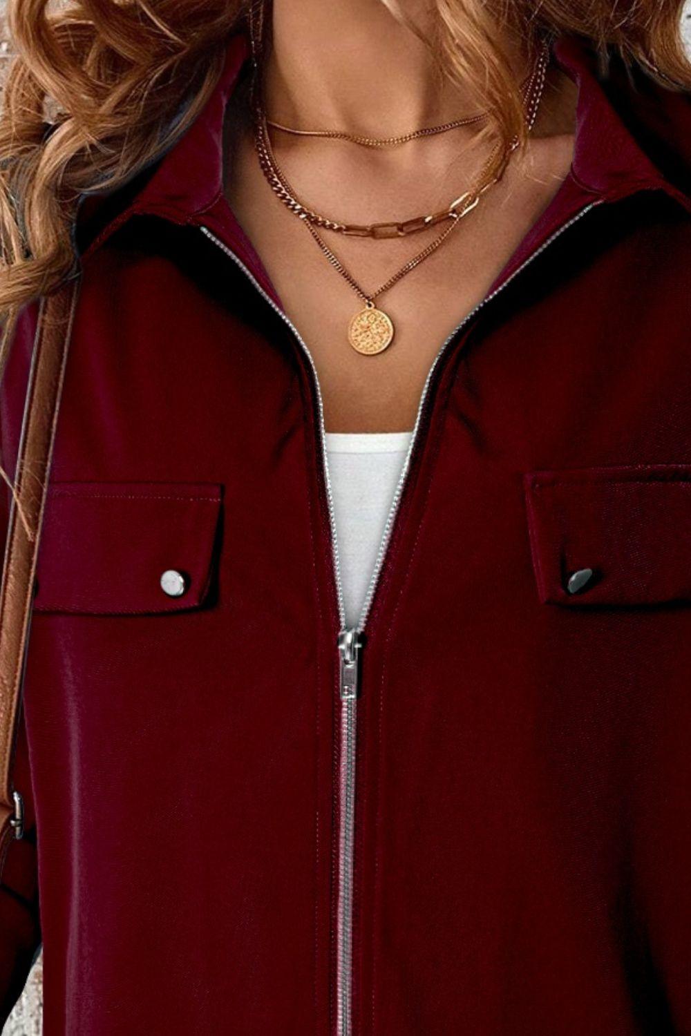 Pocketed Zip Up Collared Neck Long Sleeve Jacket - Clothes For Her Online Store