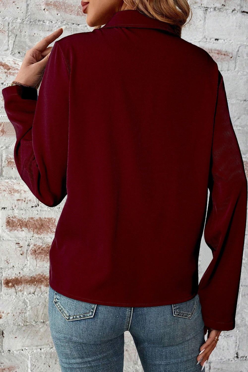 Pocketed Zip Up Collared Neck Long Sleeve Jacket - Clothes For Her Online Store