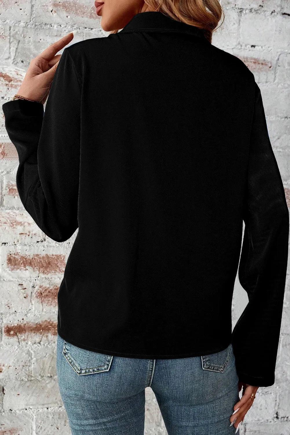 Pocketed Zip Up Collared Neck Long Sleeve Jacket - Clothes For Her Online Store