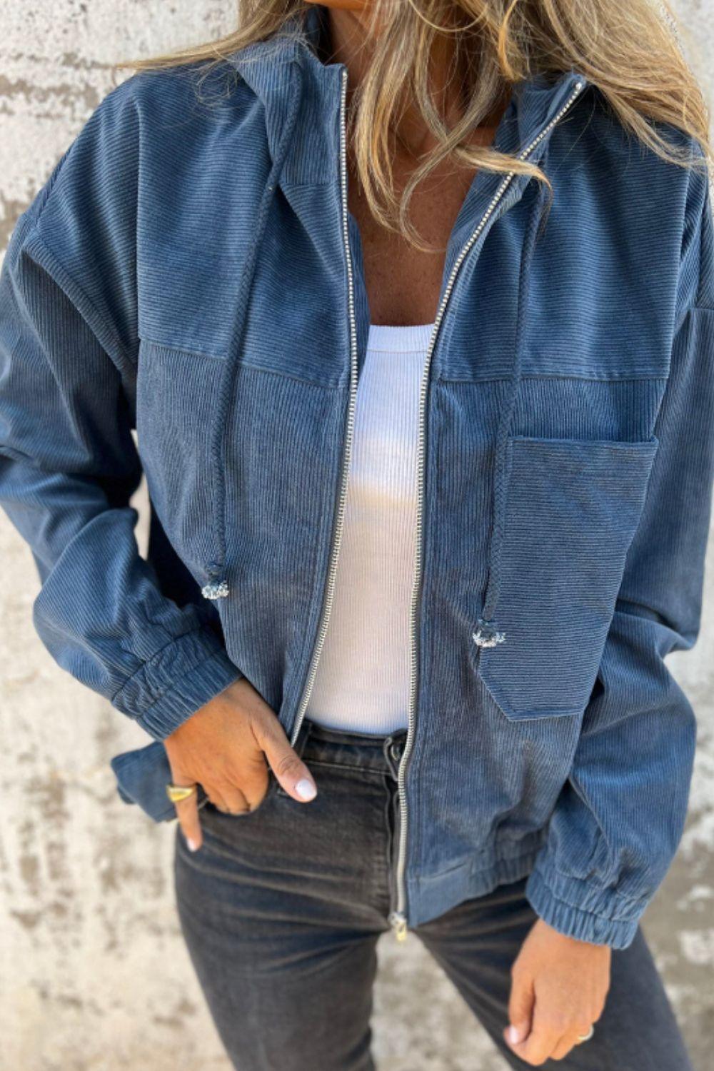 Pocketed Zip Up Long Sleeve Hooded Jacket - Clothes For Her Online Store