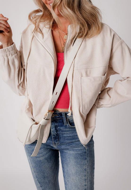 Pocketed Zip Up Long Sleeve Hooded Jacket - Clothes For Her Online Store