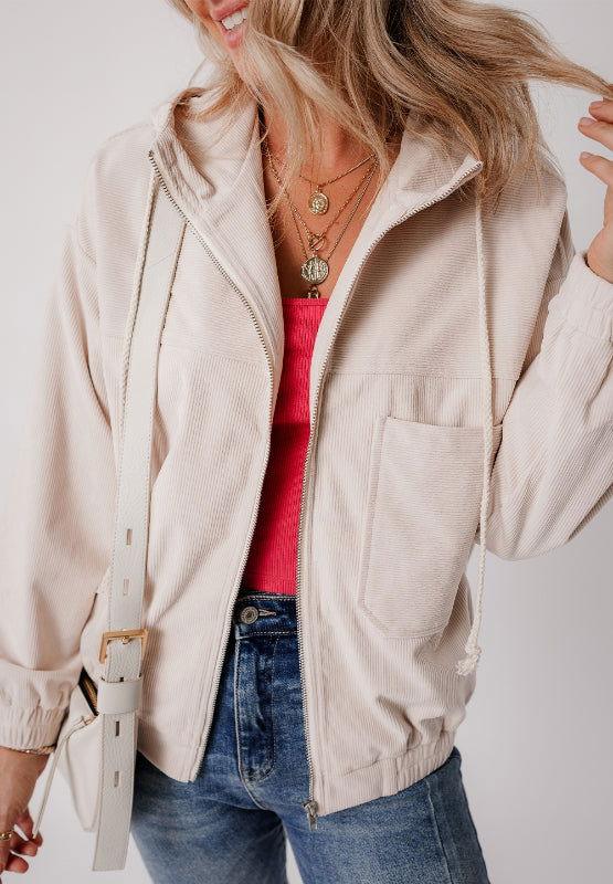 Pocketed Zip Up Long Sleeve Hooded Jacket - Clothes For Her Online Store