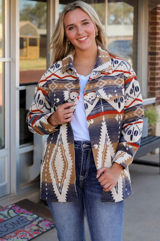 Printed Button Down Collared Jacket - Clothes For Her Online Store