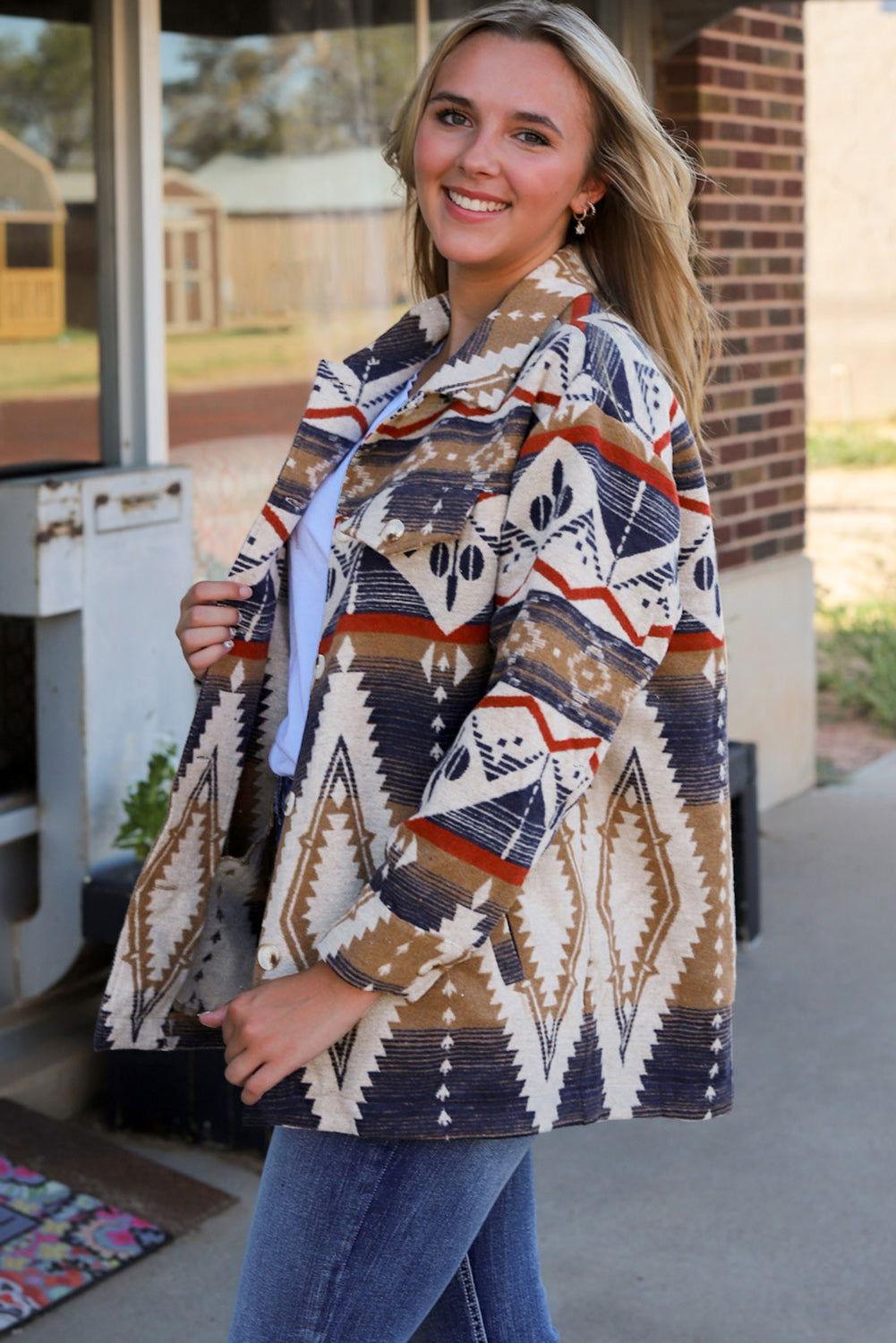 Printed Button Down Collared Jacket - Clothes For Her Online Store