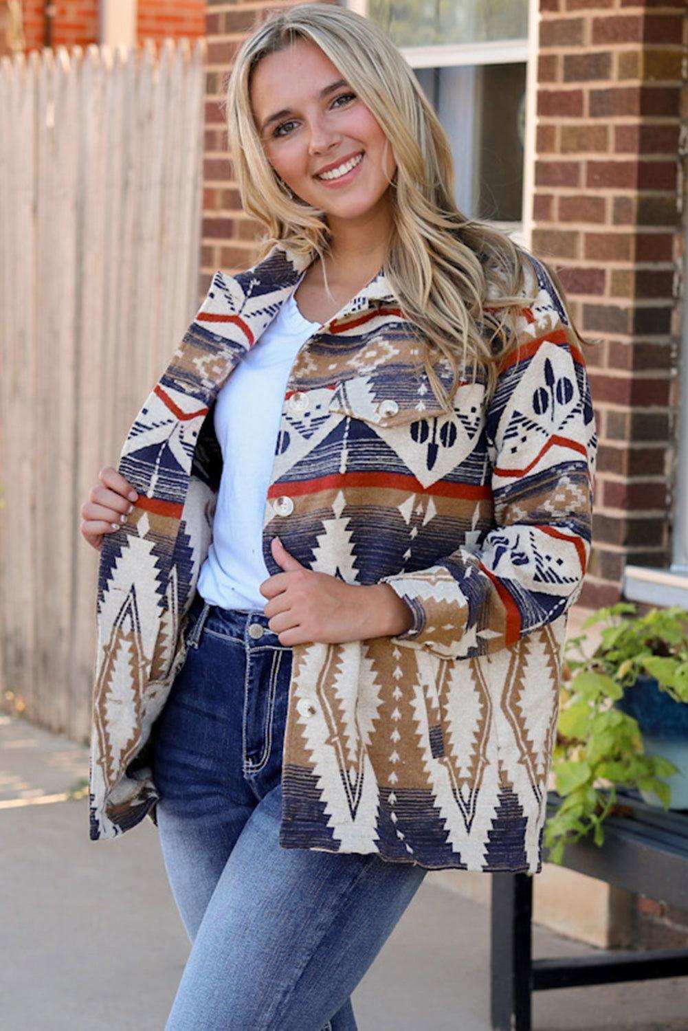 Printed Button Down Collared Jacket - Clothes For Her Online Store